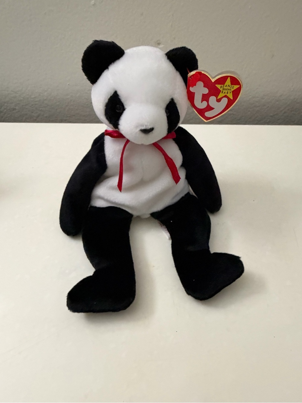 Ty Black & White Panda Beanie with Red Ribbon